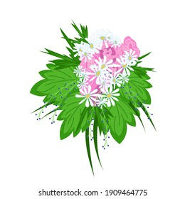 
Big lush bouquet of daisies decorated with green tropical leaves, beautiful flowers as a gift, floral arrangement in flat style, vector.