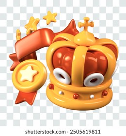 Big luxurious emperor crown, round gold medal, festive ribbon with stars