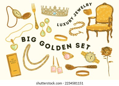 Big luxury Golden set  Stickers and beautiful jewelry  diamonds   gems  Wedding ring  earrings  diadem   golden antique throne  Cartoon flat vector collection isolated beige background