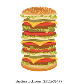 Big Mac Fast Food, Hambúrguer Ilustração de Vetor Moderno do Século Médio para Menu de Restaurante