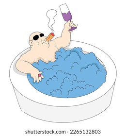 the big mafia boss is soaking in the bathtub relaxing while drunk with wine. vector design illustration art