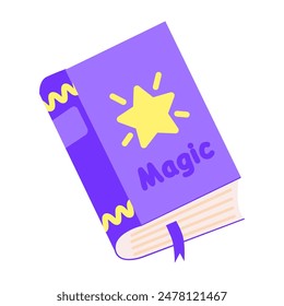 Big magic book with spells, childrens magic element in cartoon style, vector