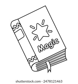 Big magic book with spells, doodle style flat vector outline for coloring book