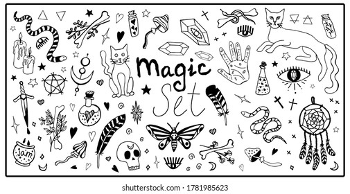 Gran conjunto mágico vectorial aislado elementos. Artículos místicos, 
brujería, espiritismo, divinidad. Doodle dibujado a mano.