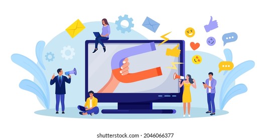 Big magnet attracts likes, good reviews, rating, followers. Social influencer. Media content to grab feedback from audience. Lead generation. Satisfaction and loyalty analysis. Attracting customers