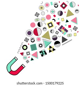 Big magnet gazes different things: geometric colorful details, striped, dotted, with fill. Magnetic field and Gravitation modern concept. White background.