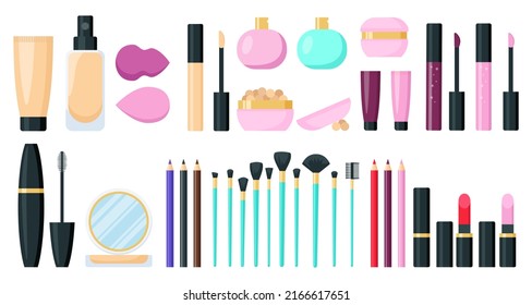 Big make up products cosmetics set. Beauty tools. Foundation lipstick gloss mascara perfume brushes. Flat style. Isolated vector illustration