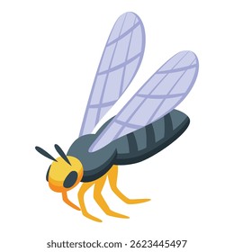 Mosquito grande da malária com cabeça amarela e grandes asas transparentes está se preparando para voar, vista lateral