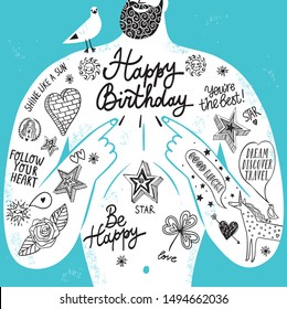 Big Male Chest With Tattoos Cartoon Greeting Card. Textured Illustration With Lettering. Happy Birthday Title. Holiday Congratulations With Humor. 