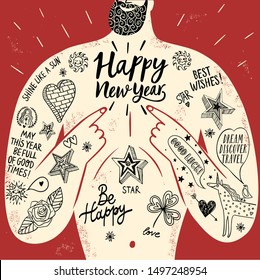 Big male chest with tattoos cartoon greeting card. Textured illustration with lettering. Happy New Year title. Holiday congratulations with humor. 