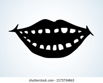 Big male humor element on white text space. Freehand outline black ink hand drawn pop man lol voice logo pictogram emblem design in retro artist doodle engrave print style pen on paper. Closeup view