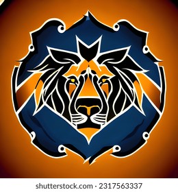 big male lion logo golden blue color, thick hair lion strong leader brave and ruler,