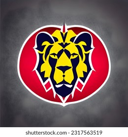 big male lion logo yellow color, thick hair lion strong leader brave and ruler, red background