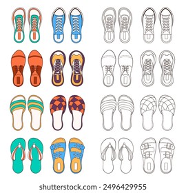 Big Male shoes collection in line art style. Sneakers design for coloring book. Vector illustration isolated on a white background.