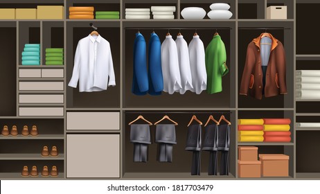 big male wardrobe full of realistic clothes