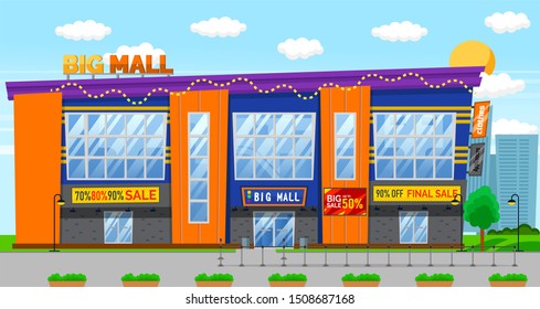 Big mall construction with panoramic windows and advertising board with discount symbol. Shopping building with special promotions in city near skyscrapers. Poster with sale on supermarket vector