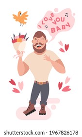 A big man with a beard and mustache standing with a bouquet of flowers and singing a song. Vector illustration, congratulations happy birthday, valentine's day, international women's day.