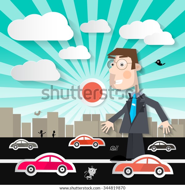 Big Man in the City - Businessman\
Walking on Street with Cars in Town Vector\
Illustration