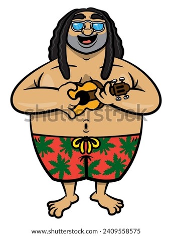Big Man with dreadlocks hair wearing sunglasses and swimming pants with marijuana leaves pattern, singing while playing reggae music with ukulele guitars