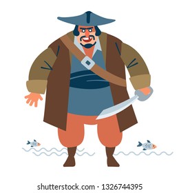Big man dressed in pirate costume at carnival party, masquerade cartoon vector Illustration on a white background 