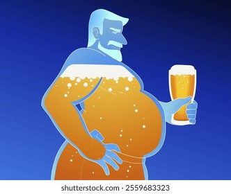 Big man drinks beer. Alcohol belly. The harm of alcohol.  Social illustration. Healthcare illustration. Vector illustration.