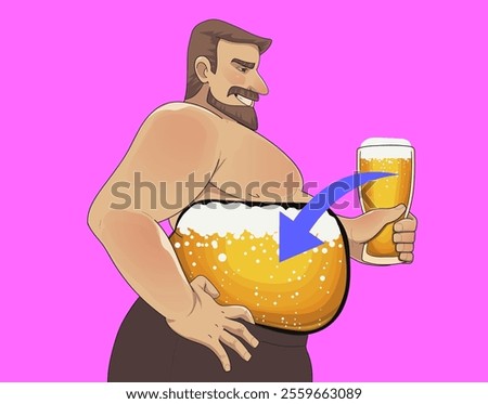 Big man drinks beer. Alcohol belly. The harm of alcohol.  Social illustration. Healthcare illustration. Vector illustration.