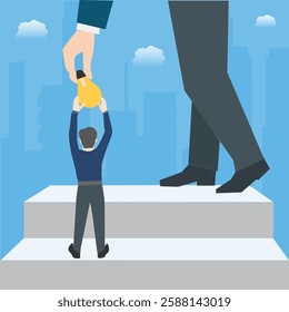 A big man hands a bulb to a small man, symbolizing knowledge or an idea being shared.