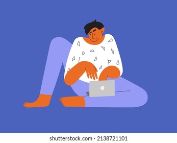 Big man with huge legs sitting on floor working online using laptop. Work at home, freelancing concept. Male character chatting social media, making video call, browsing internet. Vector illustration