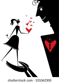 Big man and little woman. Ironic illustration.