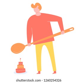 A big man with a spoon is standing over a small cake. Birthday party, sweet surprise, diet and sugar. Bright vector illustration.