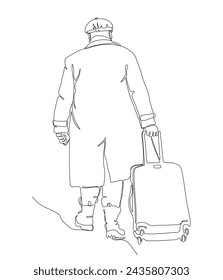 Big man with suitcase walking away. Wear warm clothes in winter travel season. Continuous line drawing. Hand drawn black and white vector illustration in line art style.