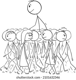 Big man walking between crowd of average people, distinctiveness and individuality, vector cartoon stick figure or character illustration.