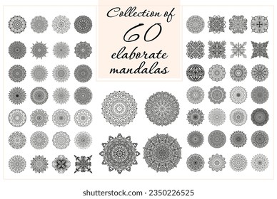 Big mandala set. Geometric circle vector elements for logo, design, decoration, kaleidoscope, medallion, yoga, indian shop, arabic prints. Collection of elaborate mandalas.