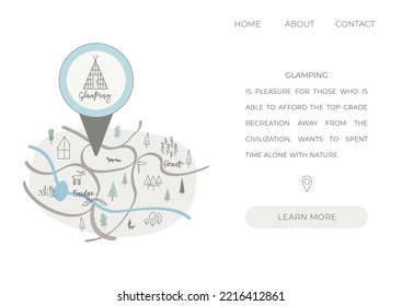 Big map pin of glamping. Banner template with forest landscape for glamping agency web site. Vector illustration about eco tourism.