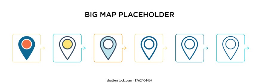 Big map placeholder vector icon in 6 different modern styles. Black, two colored big map placeholder icons designed in filled, outline, line and stroke style. Vector illustration can be used for web,