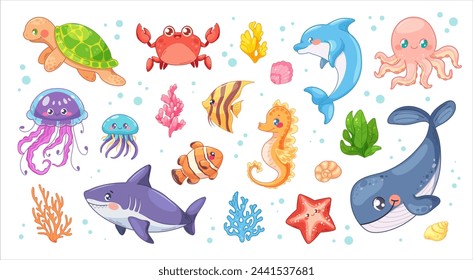 Big marine set in childish style. Vector illustrations of sea life, animals, shells, corals, fish. Collection on theme of sea in cartoon