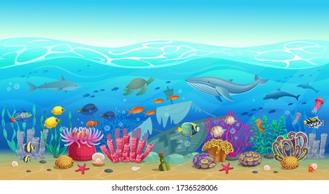 Big marine set of coral reef with algae tropical fish, a whale, an octopus, a turtle, jellyfish, a shark, an angler fish, a seahorse, a squid and corals. Vector illustration in cartoon style.