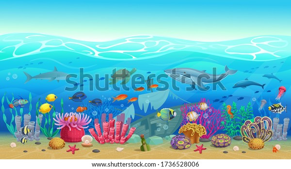 Big marine set of coral reef with algae tropical\
fish, a whale, an octopus, a turtle, jellyfish, a shark, an angler\
fish, a seahorse, a squid and corals. Vector illustration in\
cartoon style.