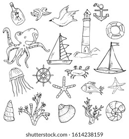 Big marine set. Summer adventures design elements. Lighthouse, fish, jellyfish, octopus, ships, shells, corral. Hand drawing doodle outline.