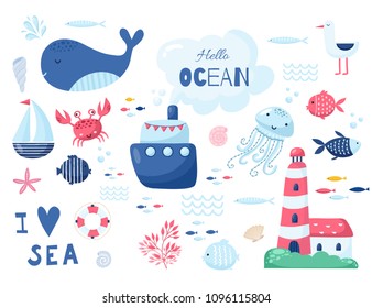 Big Marine set of vector illustration. Collection of sea fish in cartoon style. Sea life illustration.