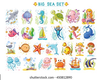 Big Marine Set Of Vector Illustration On The Marine Theme. Collection Of Sea Animals In Cartoon Style. Tropical Summer Pictures. Sea Life Illustration.