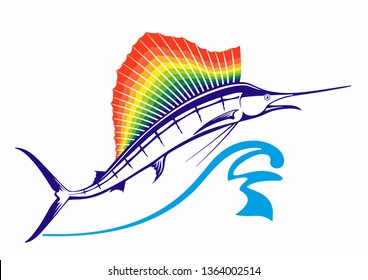 Big Marlin's jump. From the water jumps Marlin or swordfish with rainbow dorsal fin. Fin in rainbow colors. Vector illustration isolated on white, logo or emblem design.