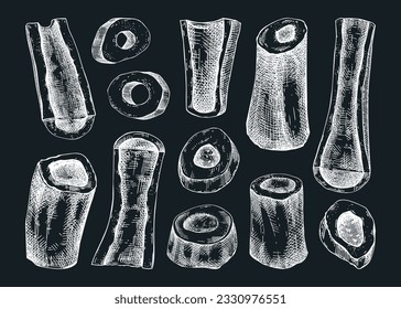 Big marrowbone with meat sketches set. Raw bones isolated on chalkboard. Hand-drawn ingredients, healthy food illustrations for butchery, recipes, menus in vintage style. 