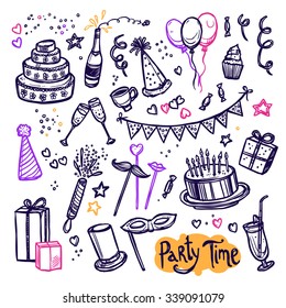 Big masquerade birthday party celebration icons doodle style arrangement  banner with cake and wine abstract vector illustration