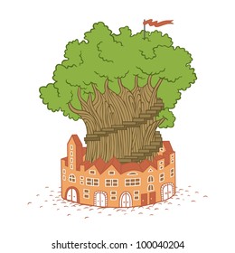 Big massive tree in the center of round city, eco-friendly vector illustration.