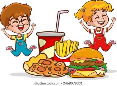 Grandes comidas y niños. Los niños lindos son felices de comer comida rápida. Caricatura divertida. Ilustración vectorial. Aislado sobre fondo blanco