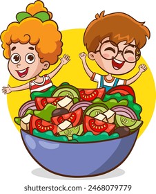 Big meals and kids. Cute little kids are happy to eat salad. Funny cartoon character. Vector illustration. Isolated on white background