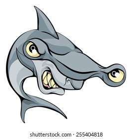 A big mean cartoon hammer head shark sports mascot