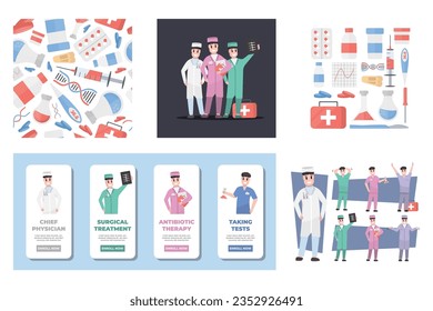 Big medical items characters colection. medicine, pharmacy, doctors kit, set of isolated objects, seamless pattern. doctors, medical workers set cartoon flat male characters. doctors in medical coats