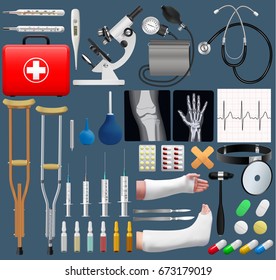 Big medical objects set. Realistic tools and equipment. Isolated objects. Vector illustration.